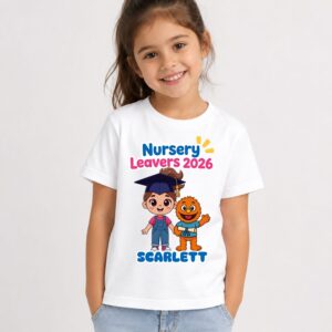 Personalised Ms Rachel inspired Nursery Leavers 2026 t-shirt featuring graduation design and custom name Scarlett