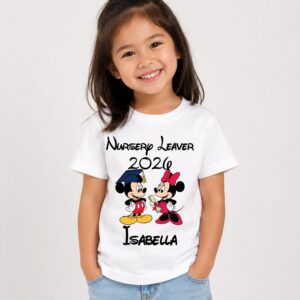 Personalised Mickey and Minnie inspired Nursery Leavers 2026 t-shirt featuring graduation design and custom name Harry