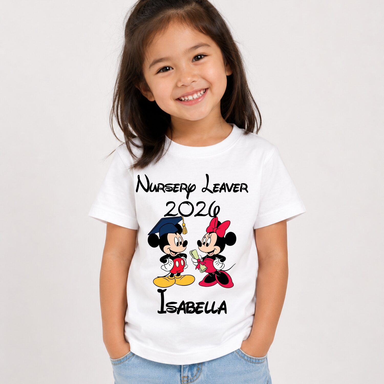 Personalised Mickey and Minnie inspired Nursery Leavers 2026 t-shirt featuring graduation design and custom name Harry