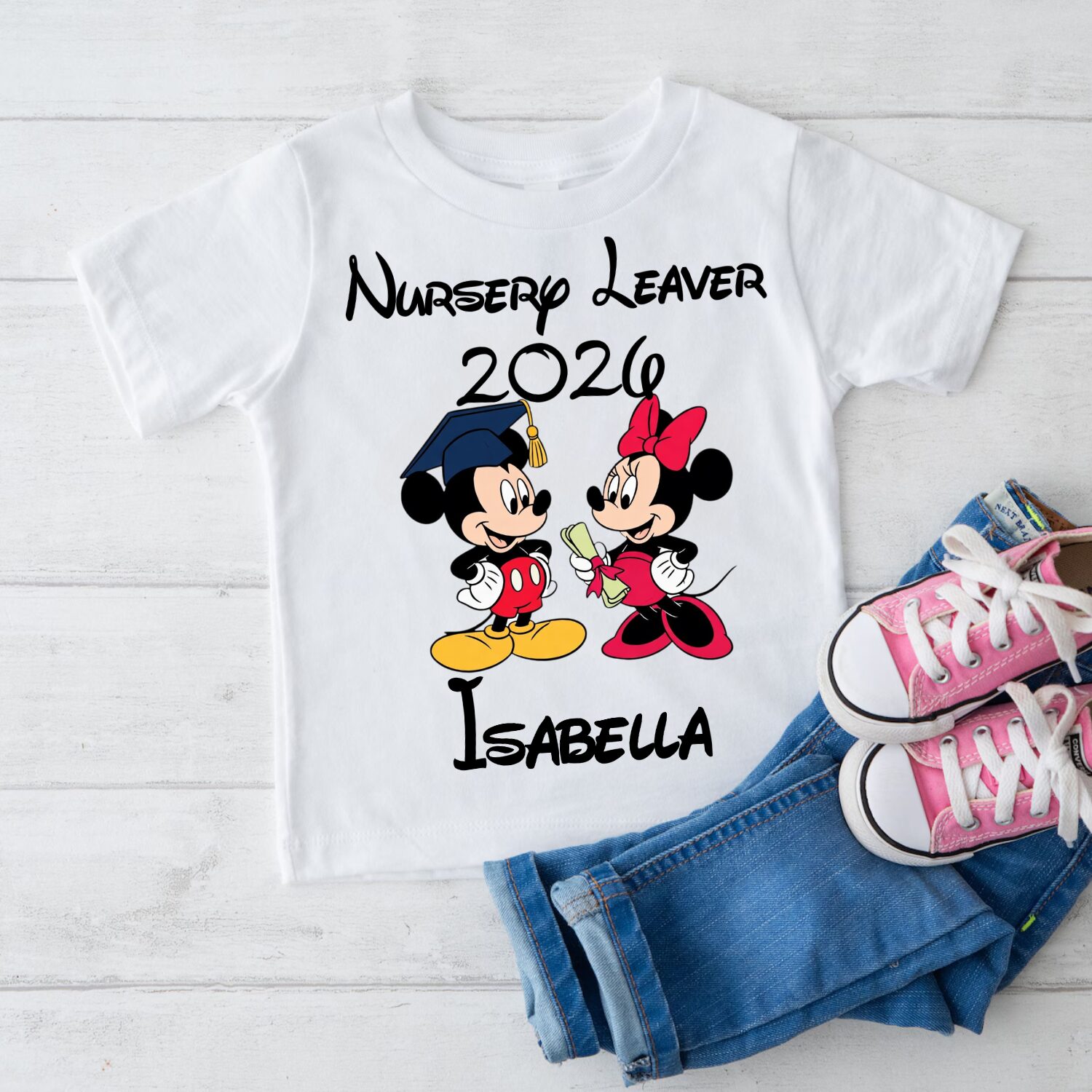 Personalised Nursery Leavers 2026 t-shirt with Mickey and Minnie inspired graduation design and custom name Isabella