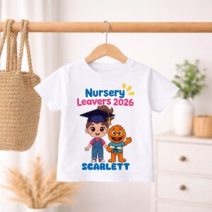 Personalised Nursery Leavers 2026 t-shirt with Ms Rachel inspired graduation character design