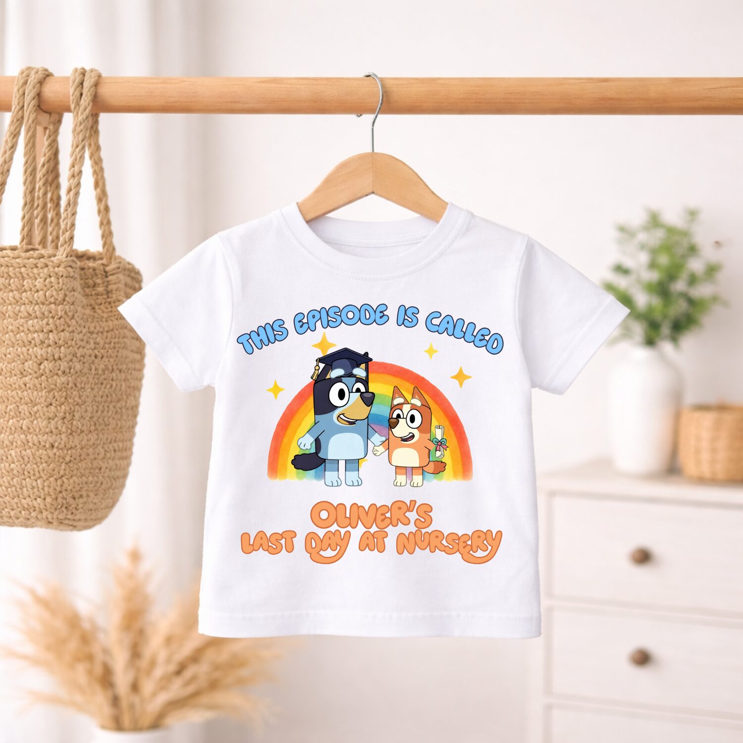 Personalised nursery leavers t-shirt featuring Bluey inspired rainbow design and custom name