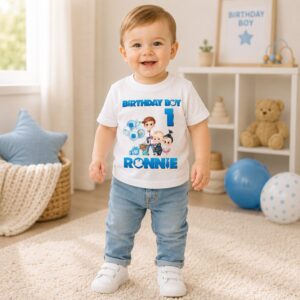 Personalised Boss Baby birthday boy t shirt with custom name Ronnie and age 1 for first birthday celebration