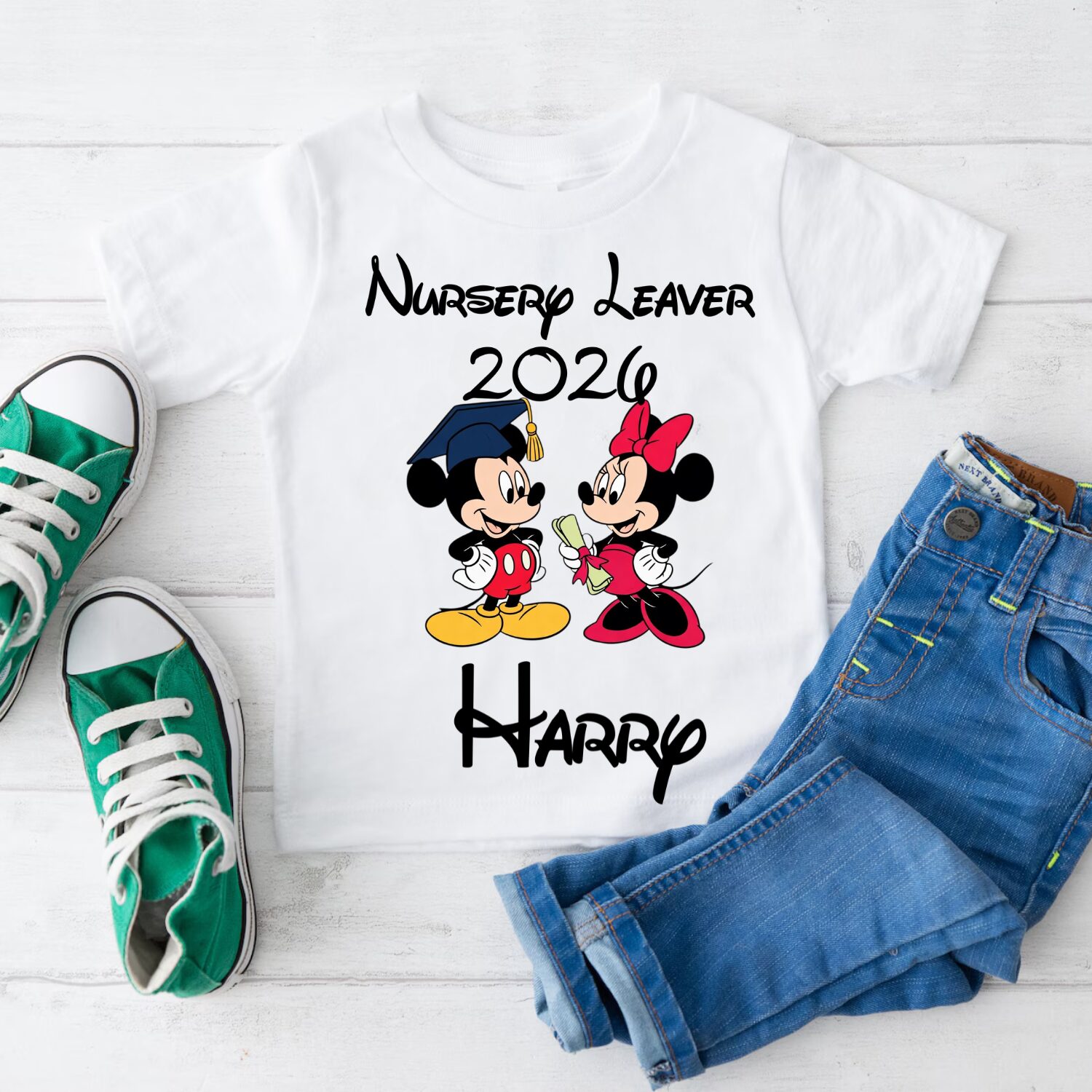 Personalised nursery graduation t-shirt featuring Mickey and Minnie inspired characters and custom name Isabella