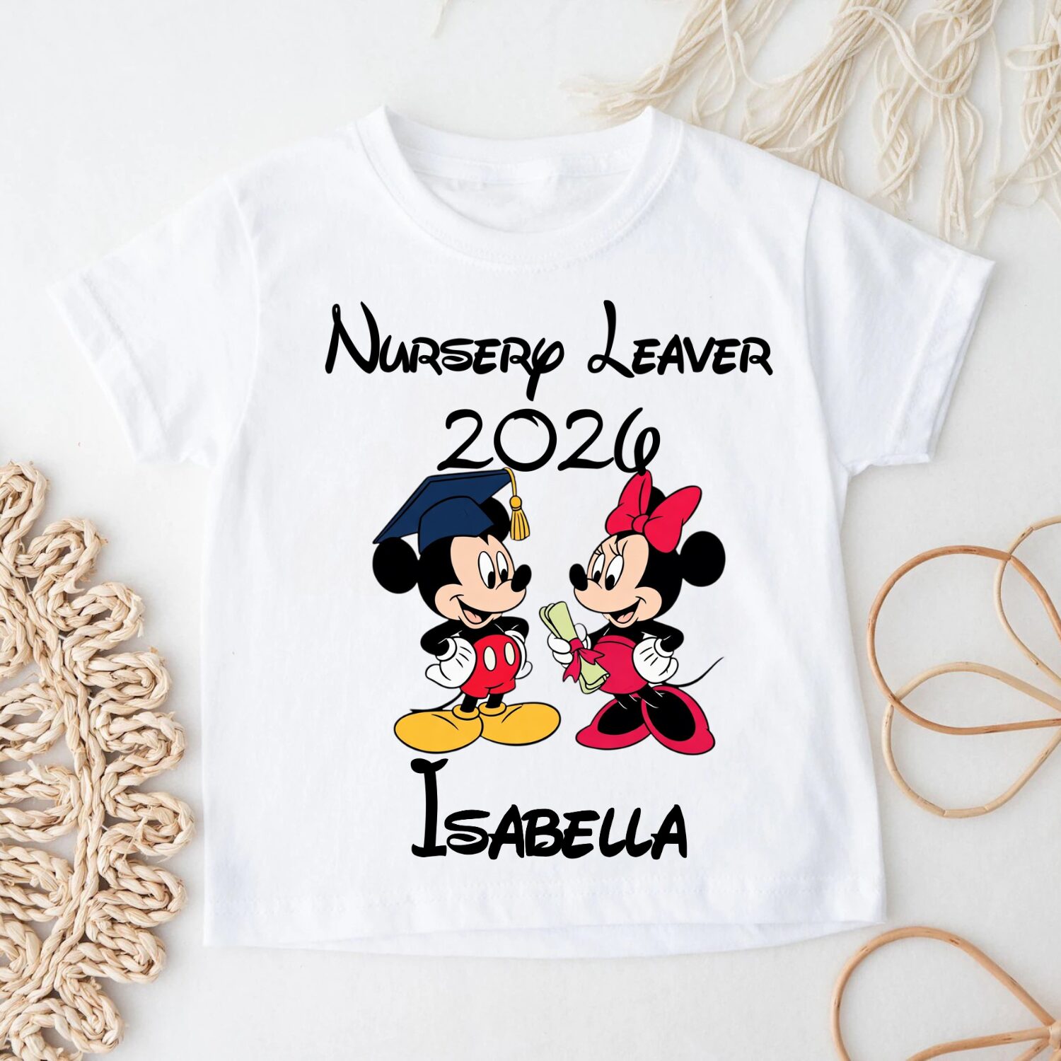 Personalised Mickey and Minnie inspired Nursery Leavers 2026 t-shirt displayed on hanger