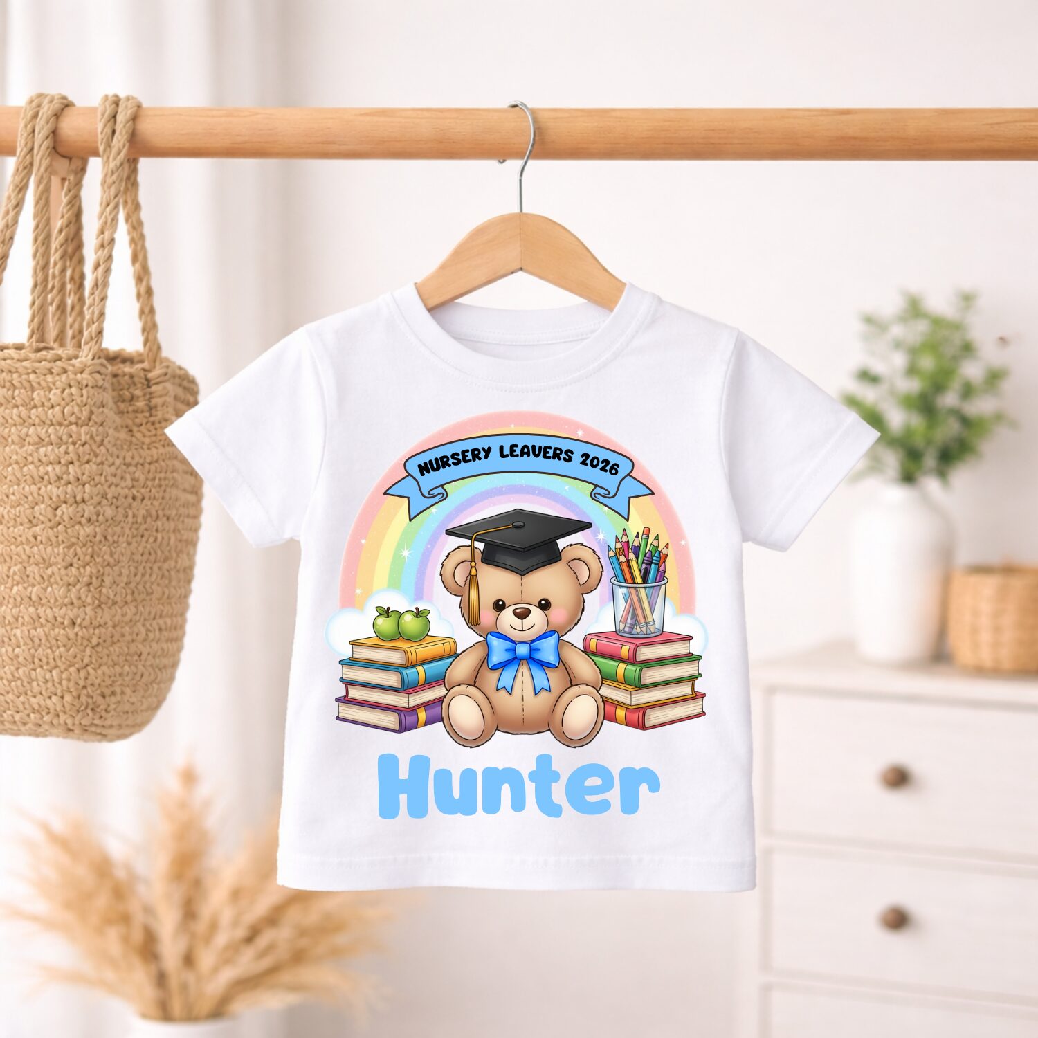 Personalised Nursery Leavers 2026 teddy bear t-shirt for girls featuring rainbow graduation design and custom name Lailah-Rose