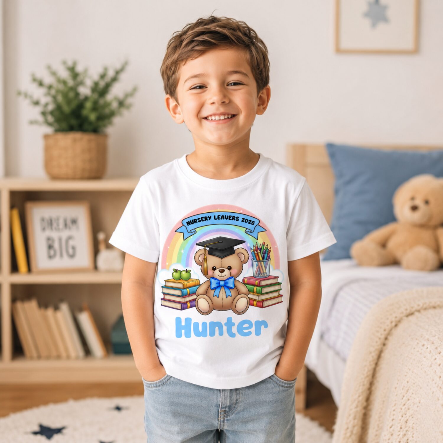 Personalised Nursery Leavers 2026 teddy bear t-shirt for boys featuring rainbow graduation teddy and custom name Hunter