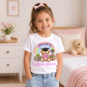 Personalised nursery graduation teddy bear t-shirt for girls with rainbow design and custom name
