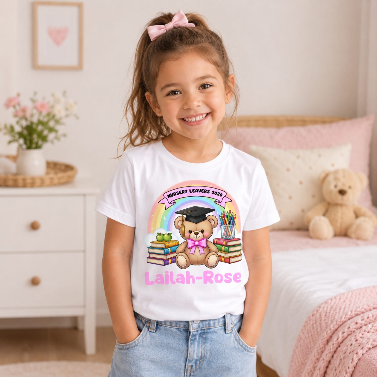 Personalised nursery graduation teddy bear t-shirt for girls with rainbow design and custom name