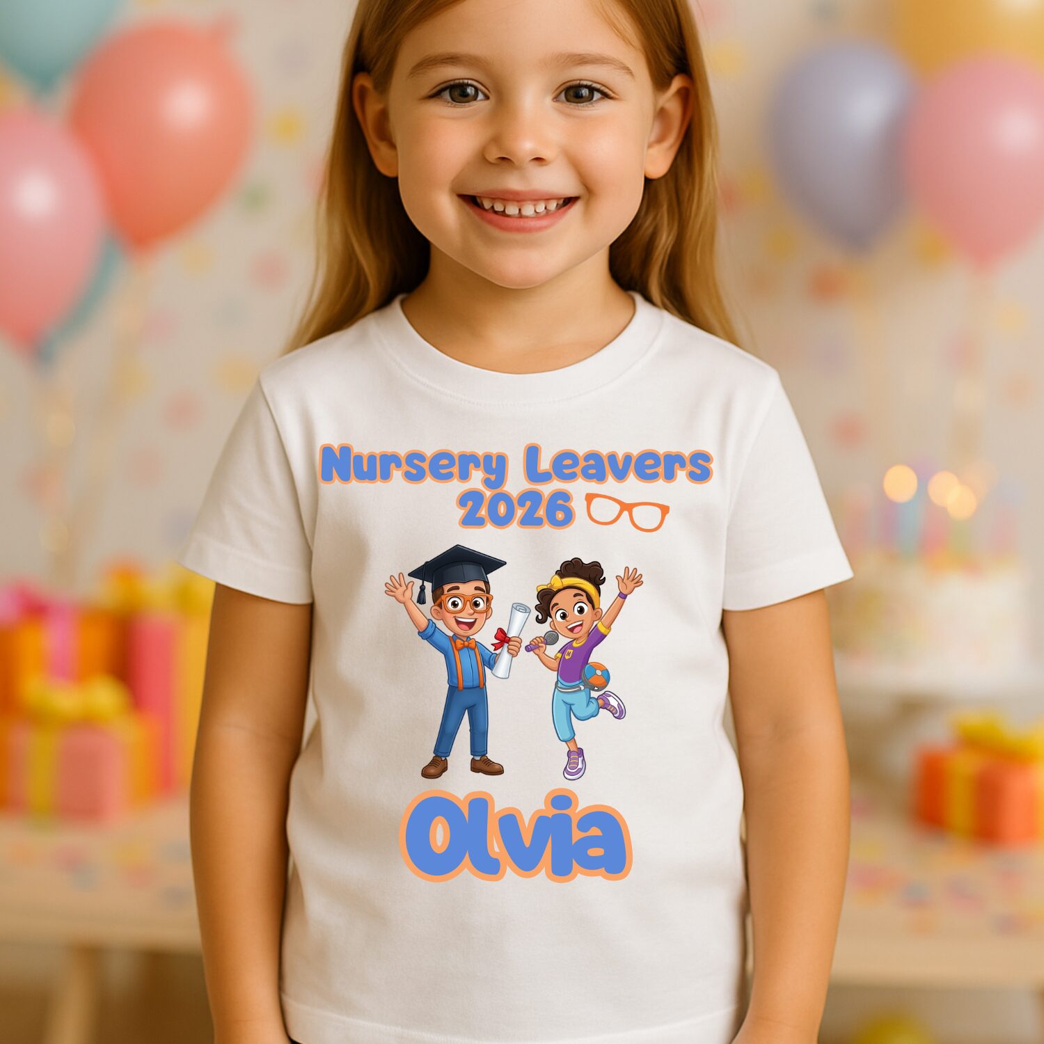 Girl wearing personalised Nursery Leavers 2026 t-shirt with educational character inspired graduation design and custom name Olivia