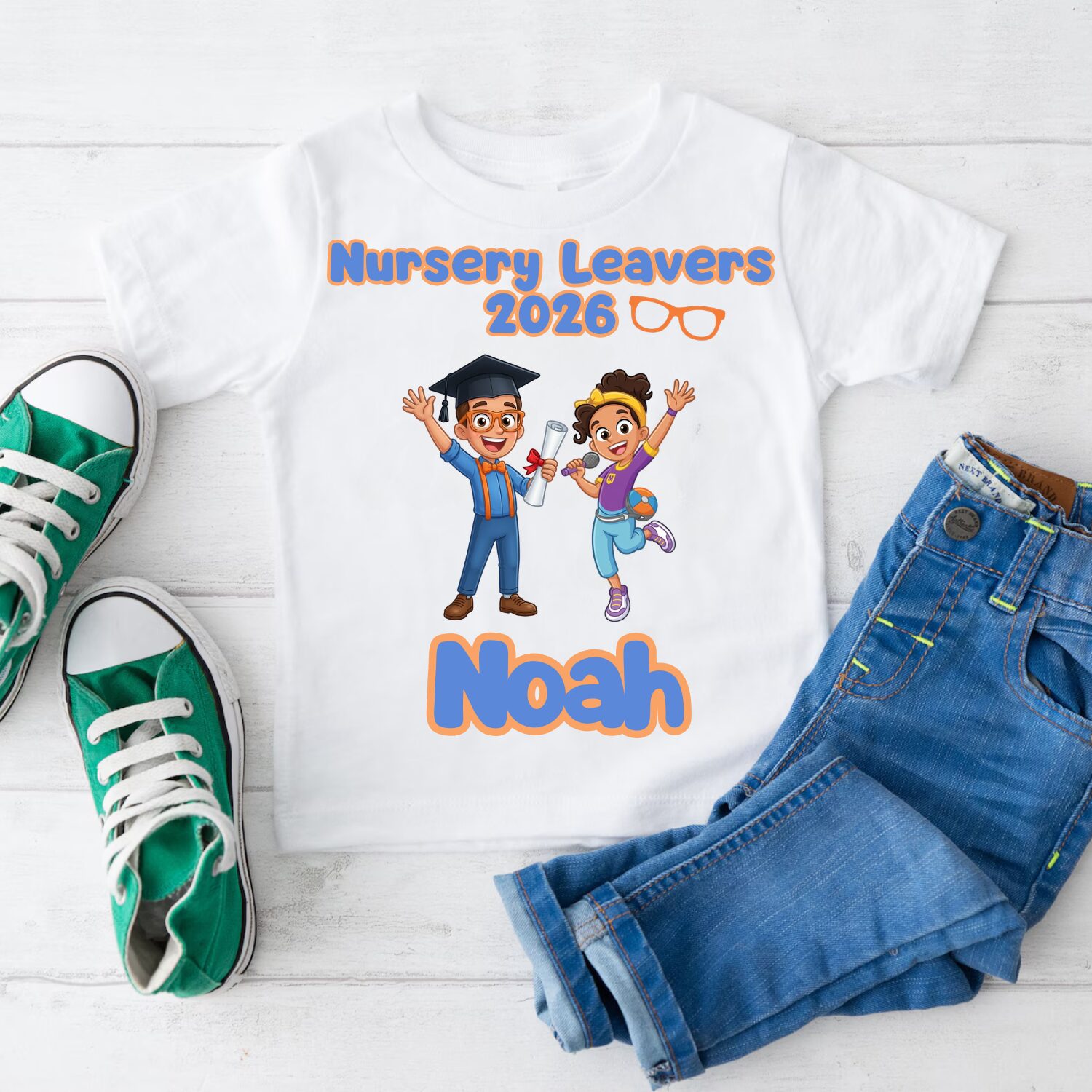 Personalised Nursery Leavers 2026 inspired t-shirt featuring graduation themed educational characters and custom name Olivia