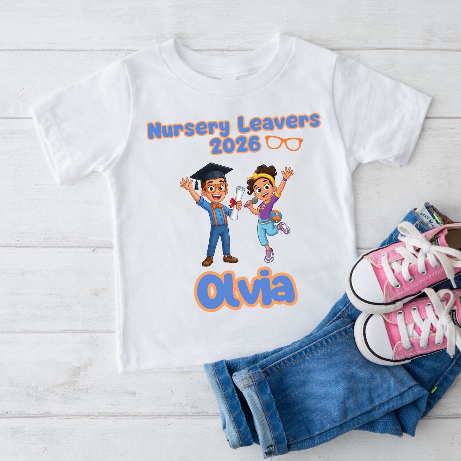 Personalised Nursery Leavers 2026 graduation shirt with educational character inspired design and custom name Olivia