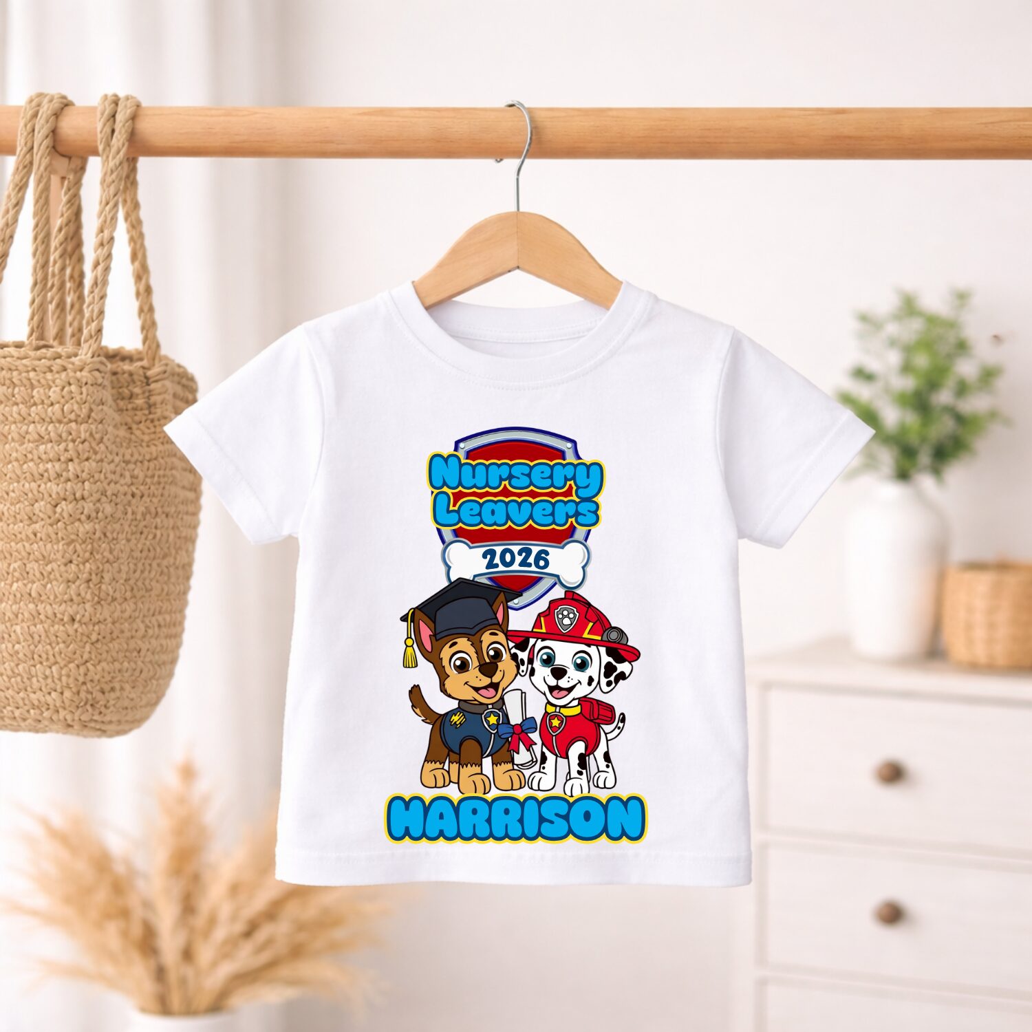 Personalised nursery graduation t-shirt featuring Paw Patrol inspired puppy graduation design