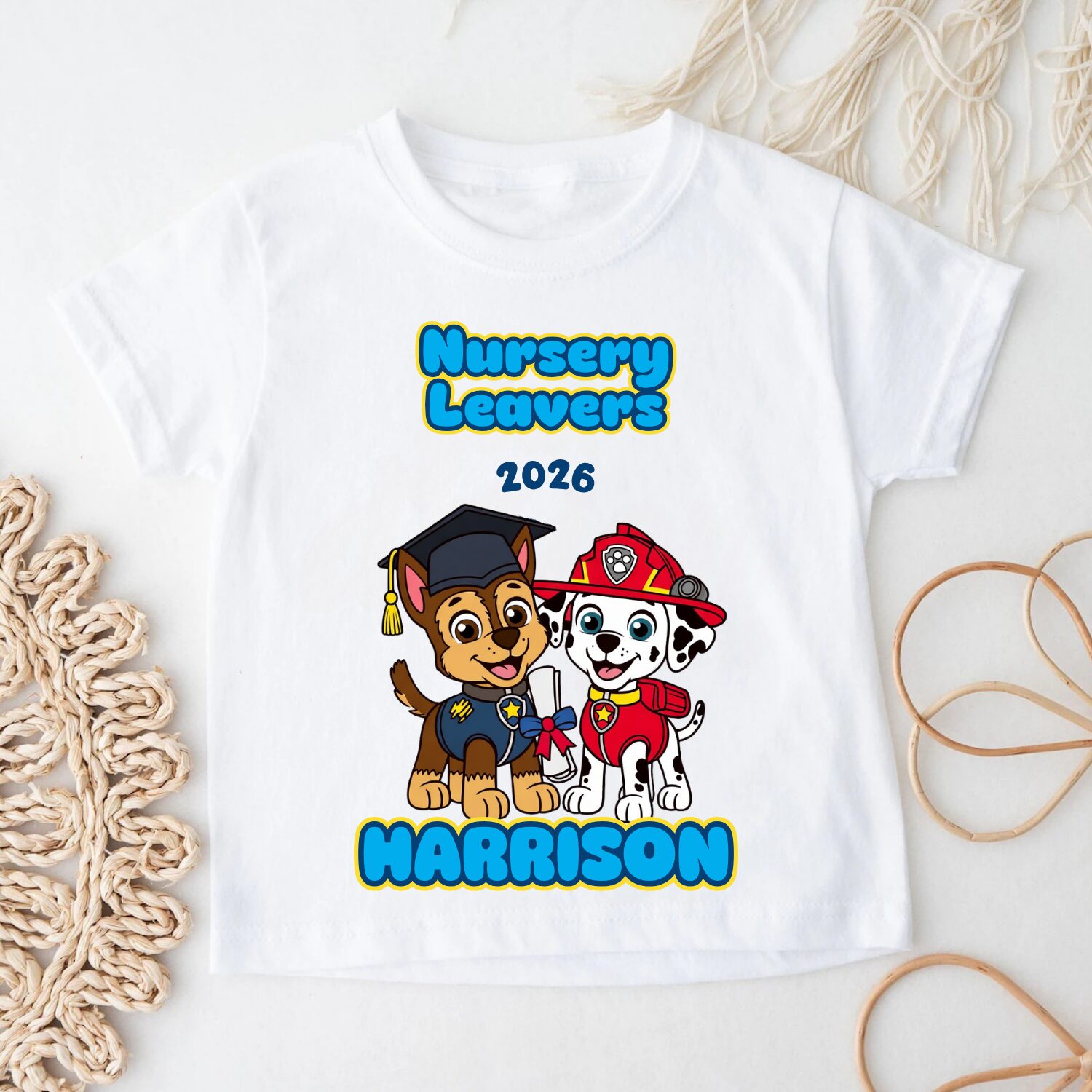 Personalised Nursery Leavers 2026 t-shirt featuring graduation puppy characters and custom name Harrison