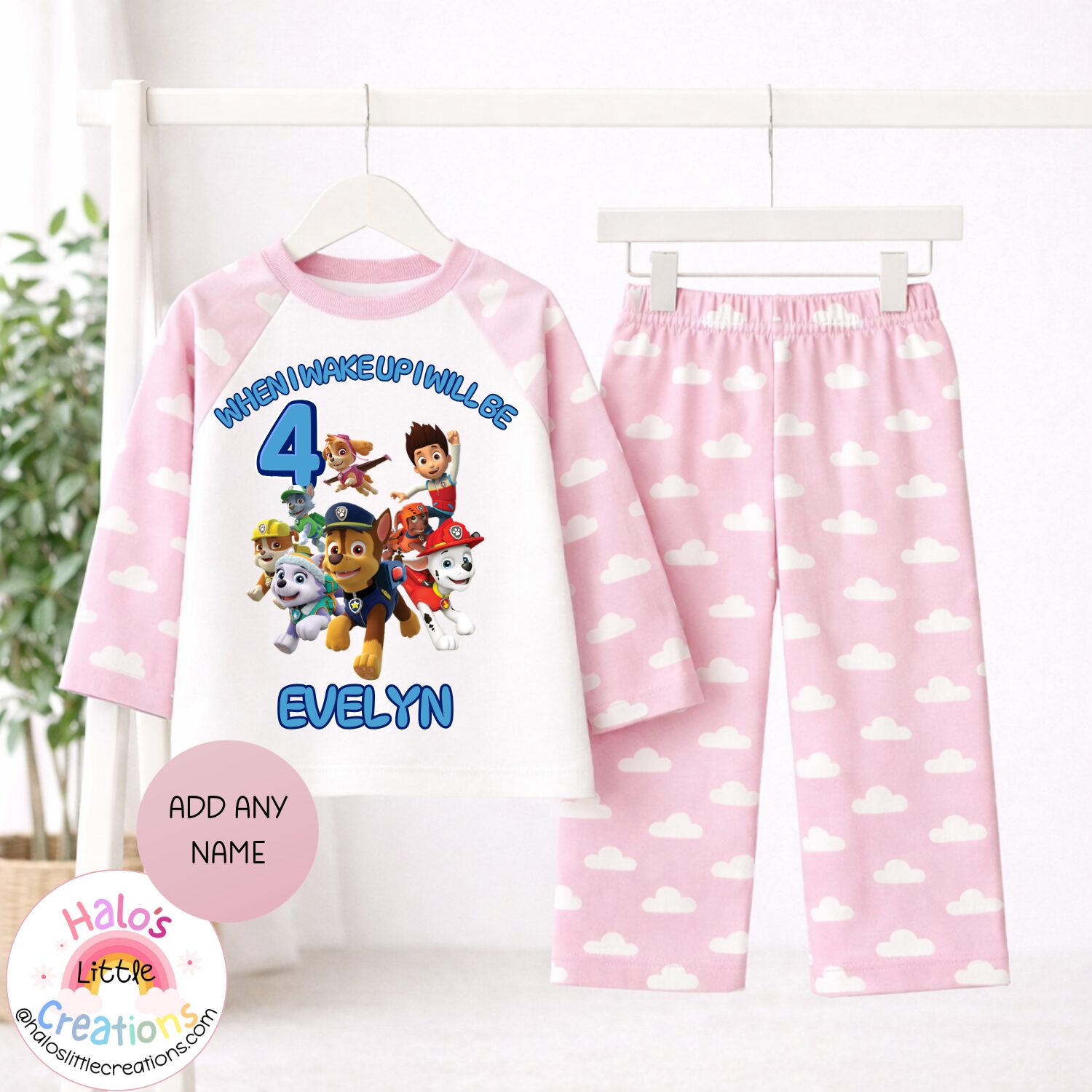 Personalised pink cloud print Paw Patrol birthday pyjamas customised with any child's name and age.
