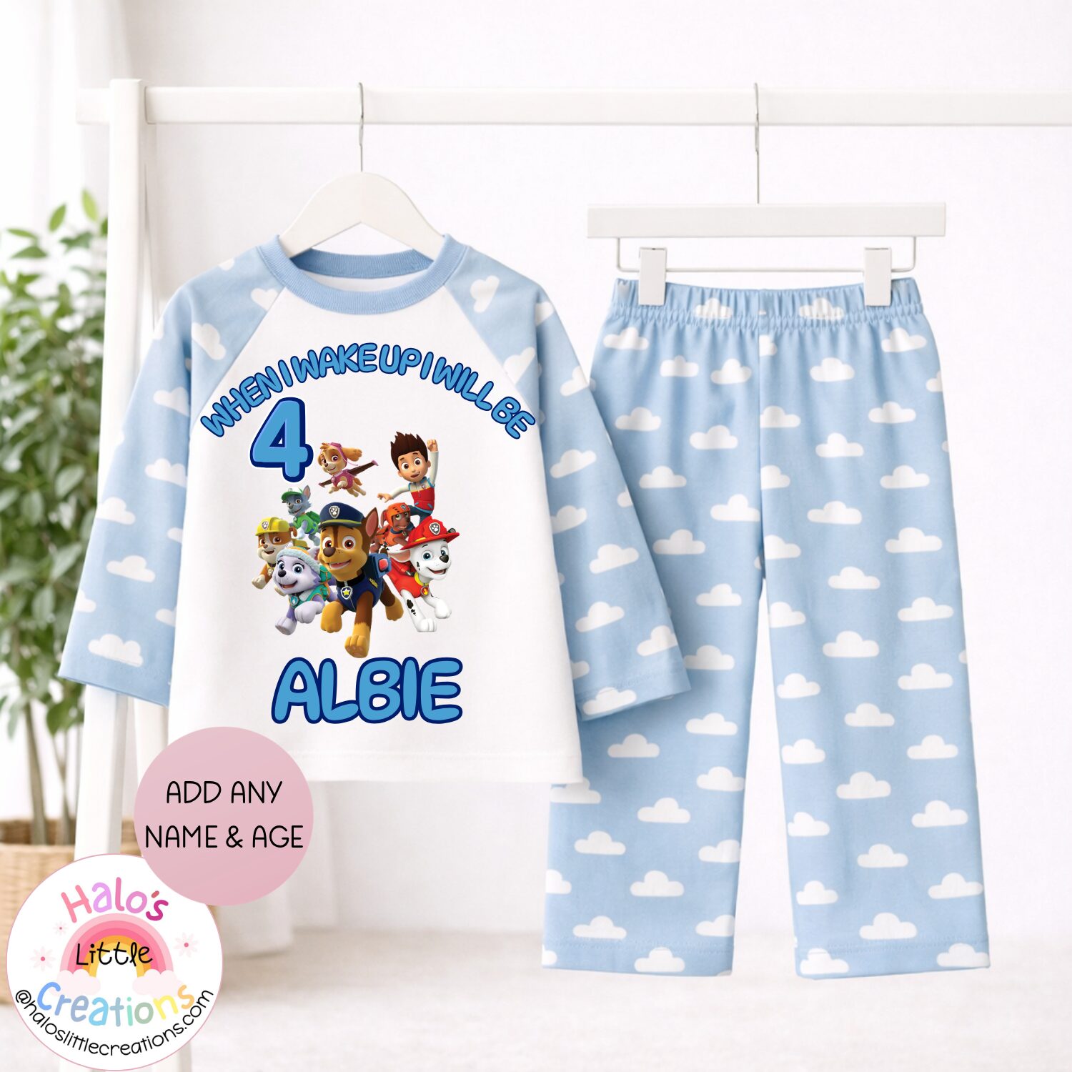 Personalised blue cloud print Paw Patrol birthday pyjama set with any name and age.