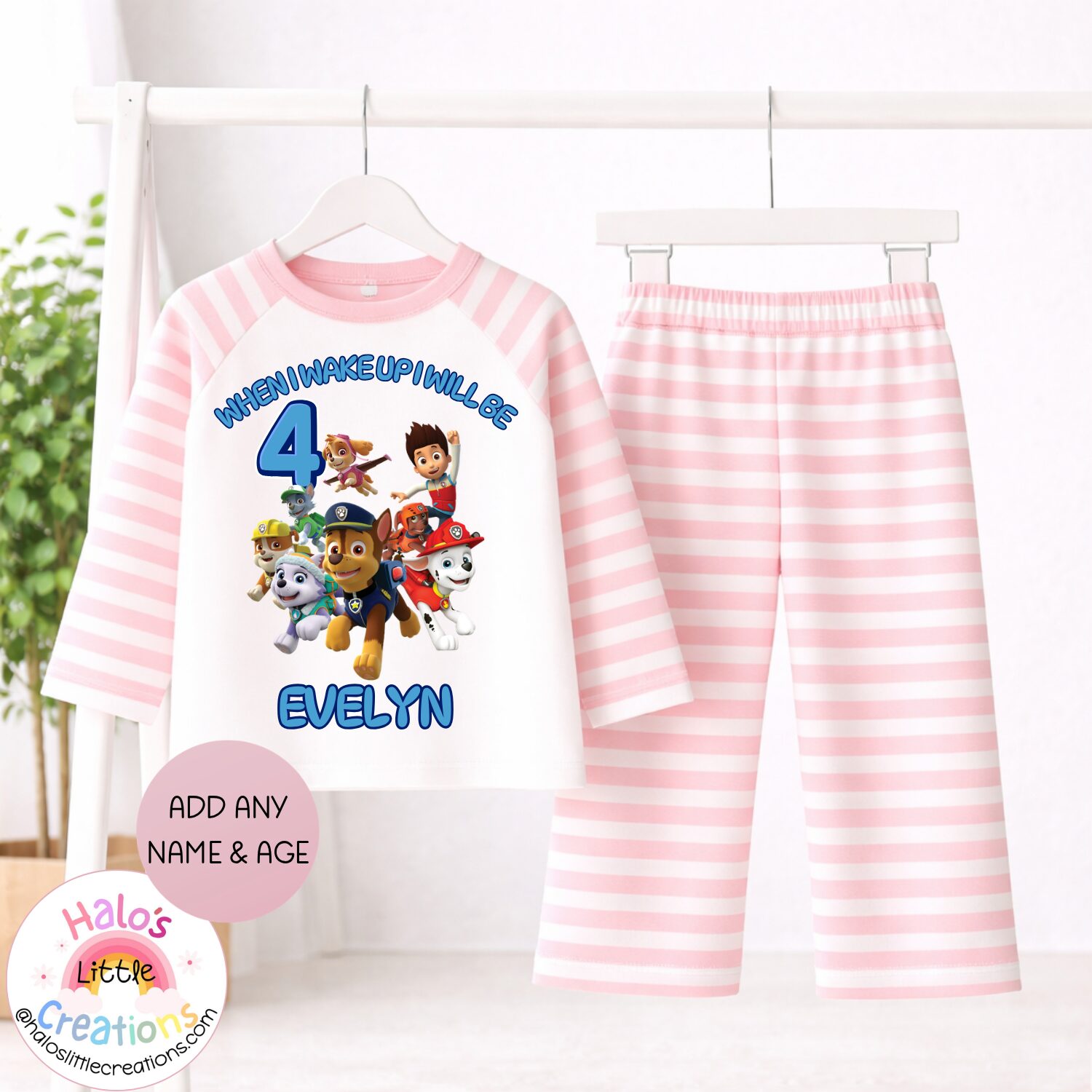 Personalised pink striped Paw Patrol children's birthday pyjamas customised with any name and age.