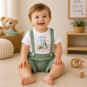 Flat lay of personalised Peter Rabbit birthday t-shirt displayed separately beside matching blue striped suspender shorts.