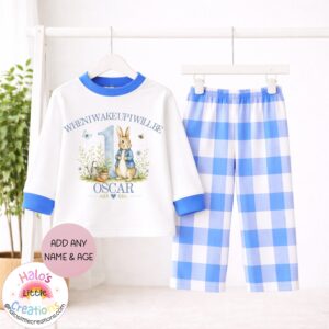 Personalised Peter Rabbit inspired birthday pyjama set with blue gingham trousers and custom name.
