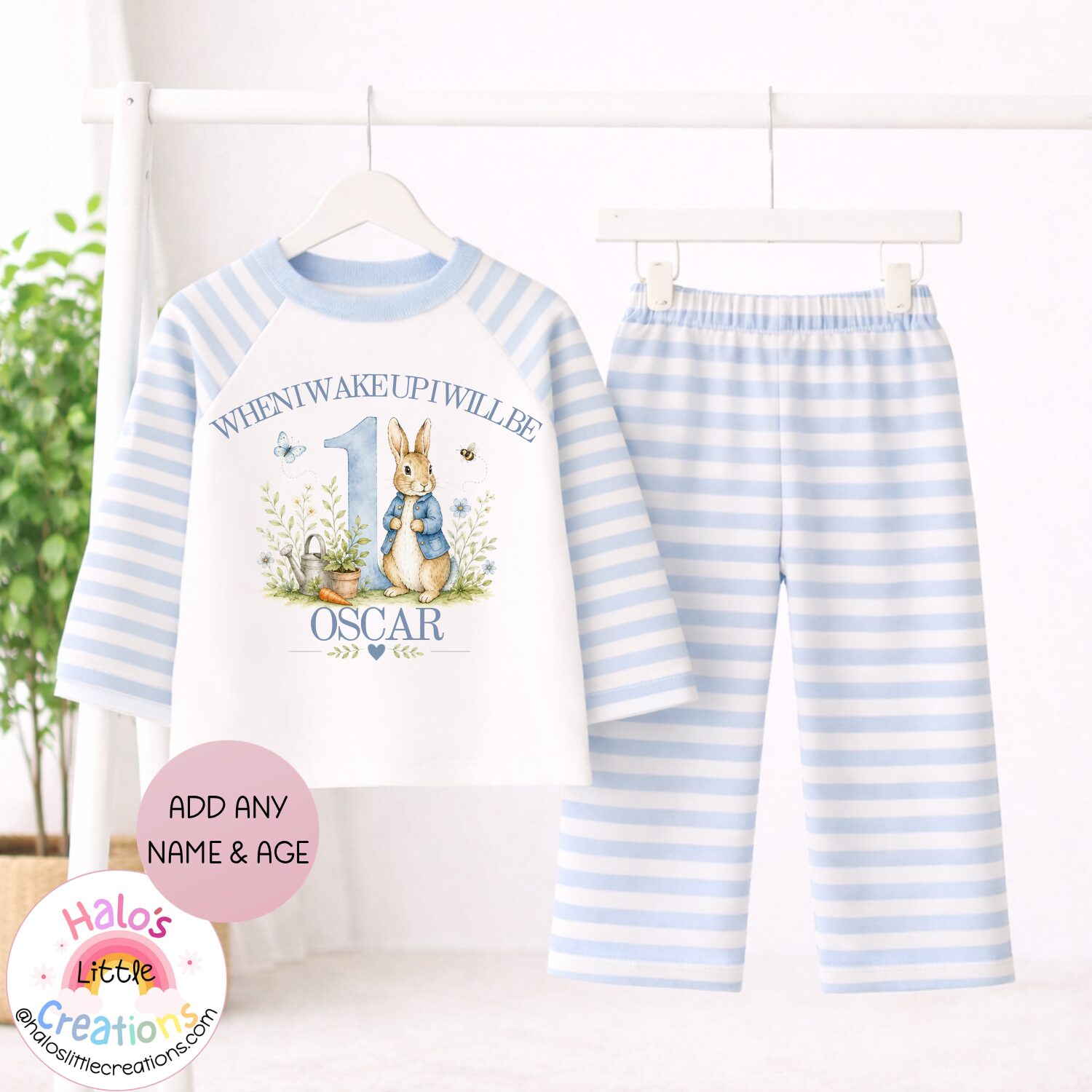 Personalised Peter Rabbit inspired blue striped birthday pyjamas with custom name and age for children.