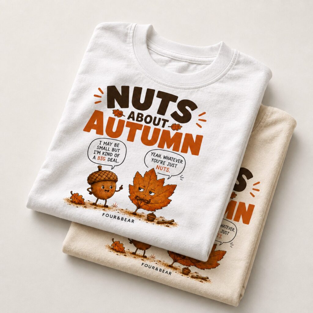 White and beige kids T-shirts featuring the Four&Bear Nuts About Autumn acorn and leaf design