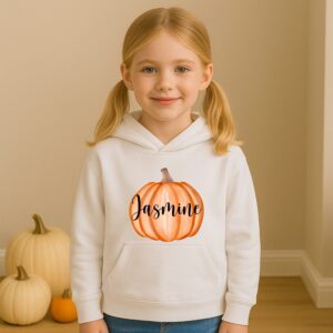Girl wearing white personalised pumpkin autumn hoodie with custom name