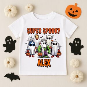 Personalised superhero Halloween kids T-shirt with Super Spooky ghost design and child's name