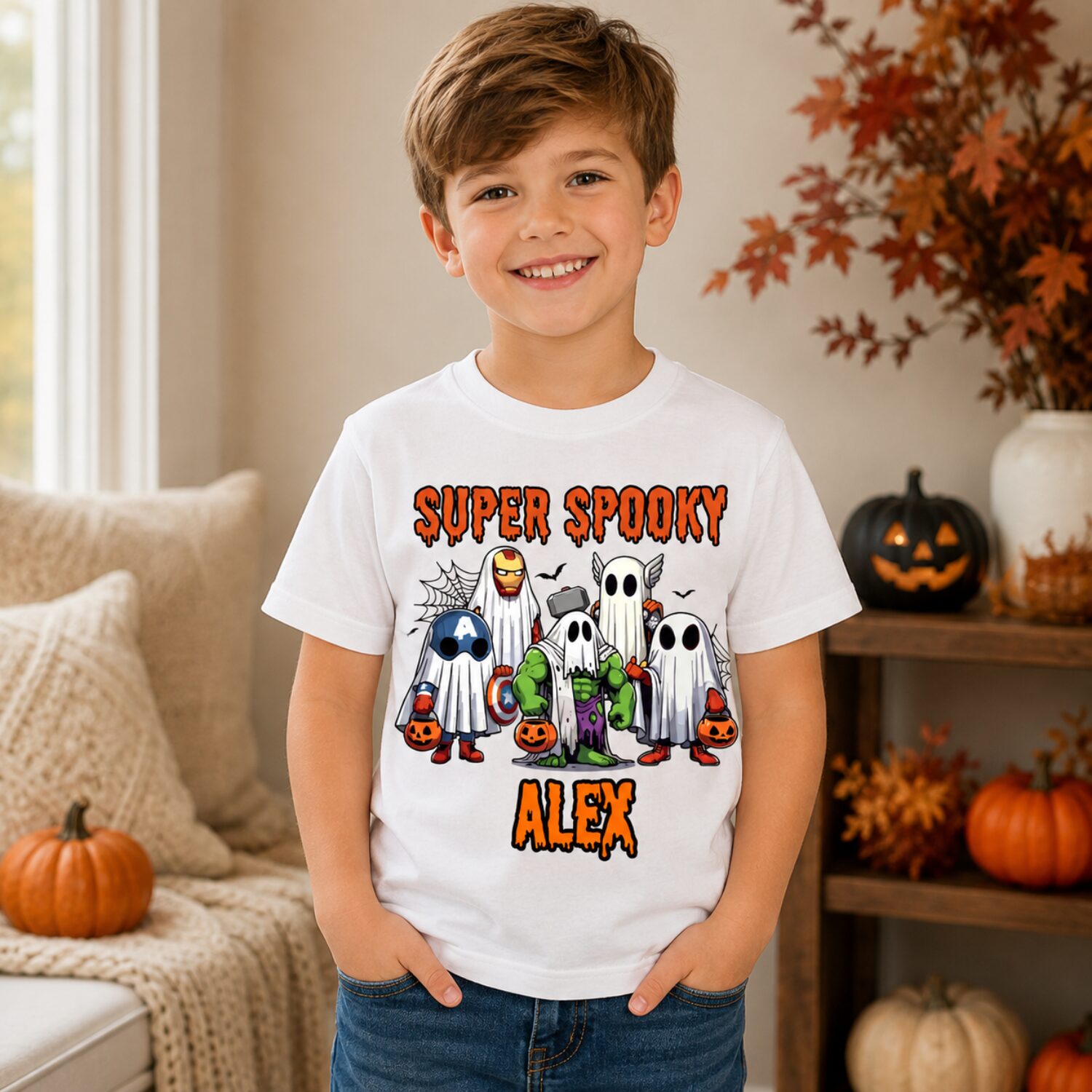Child wearing personalised superhero Halloween T-shirt with spooky ghost character design