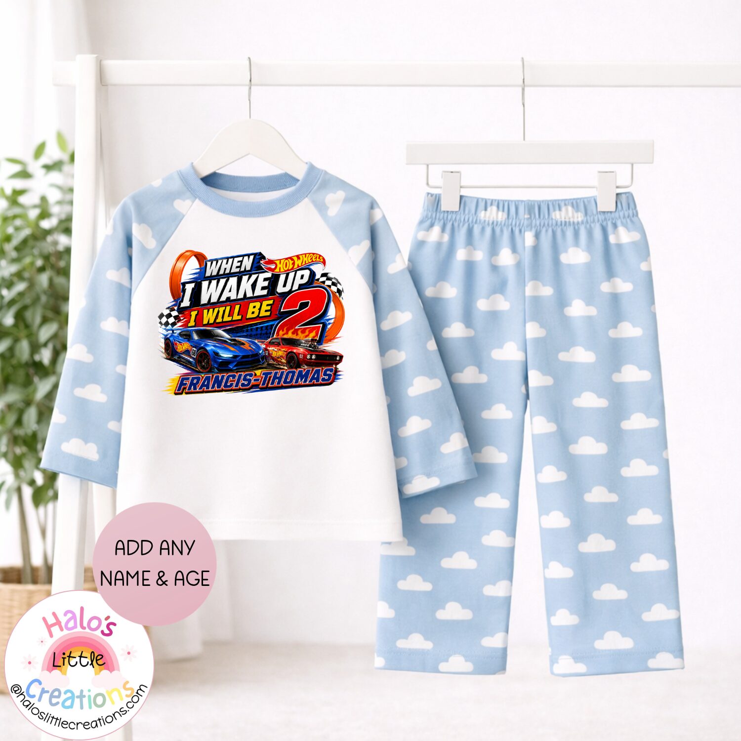 personalised hot wheels birthday pyjamas clouds