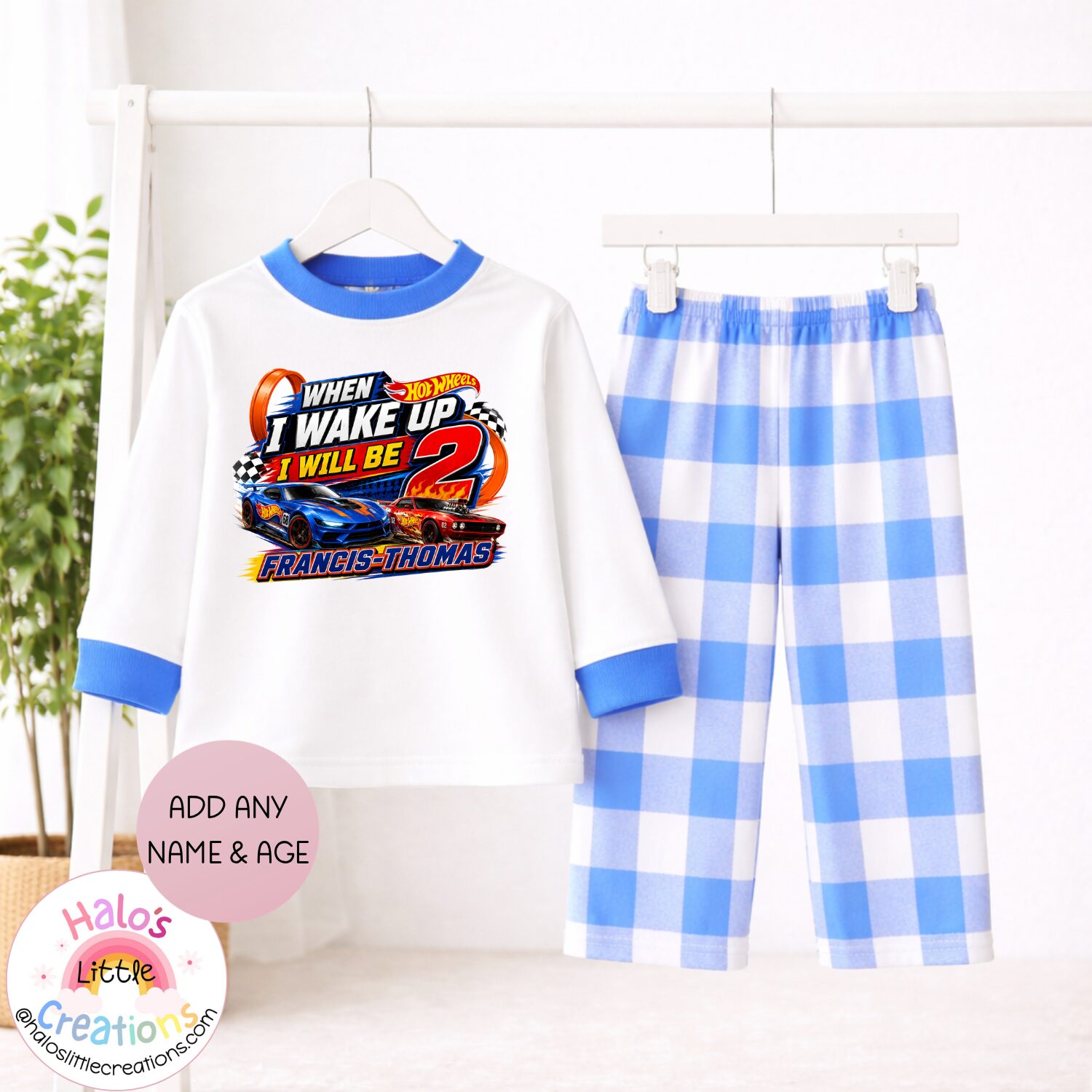personalised hot wheels birthday pyjamas gingam