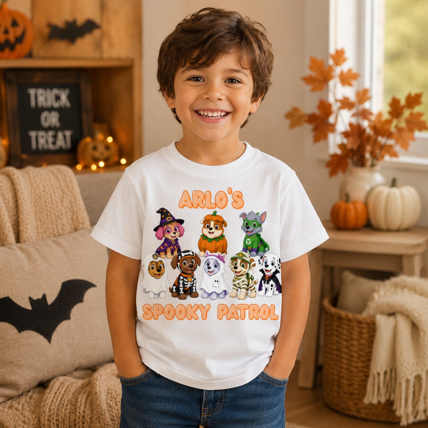 boy wearing a personalised paw patrol halloween tshirt
