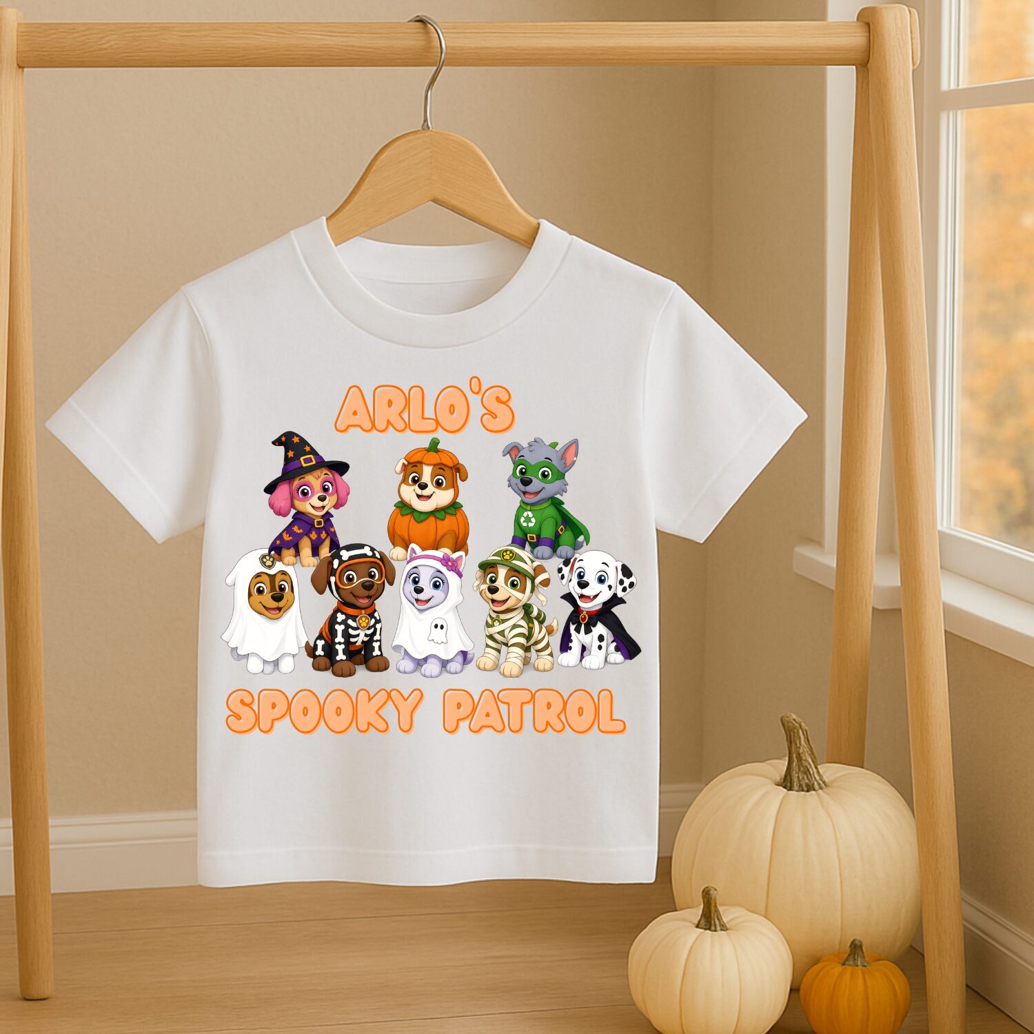 personalised superhero halloween kids t shirt – super spooky ghost tee (copy) tshirt hanging up with a paw patrol design that is halloween themed and personalised