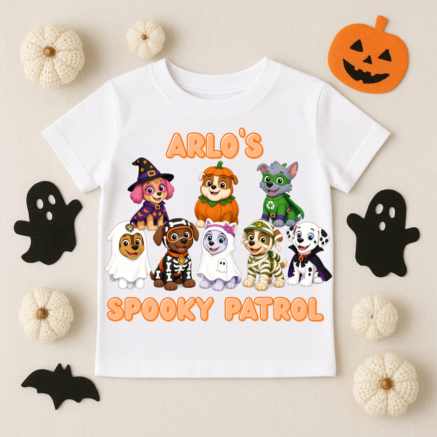 personalised superhero halloween kids t shirt – super spooky ghost tee (copy) flat lay custom paw patrol halloween tee