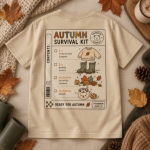 Beige kids T-shirt with large Four & Bear Autumn Survival Kit back print