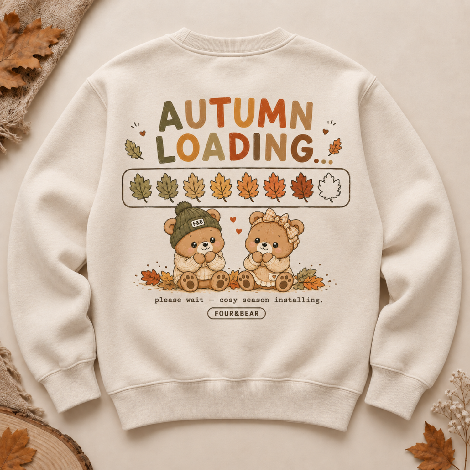 Four & Bear Autumn Loading kids beige sweatshirt with large autumn bear back print