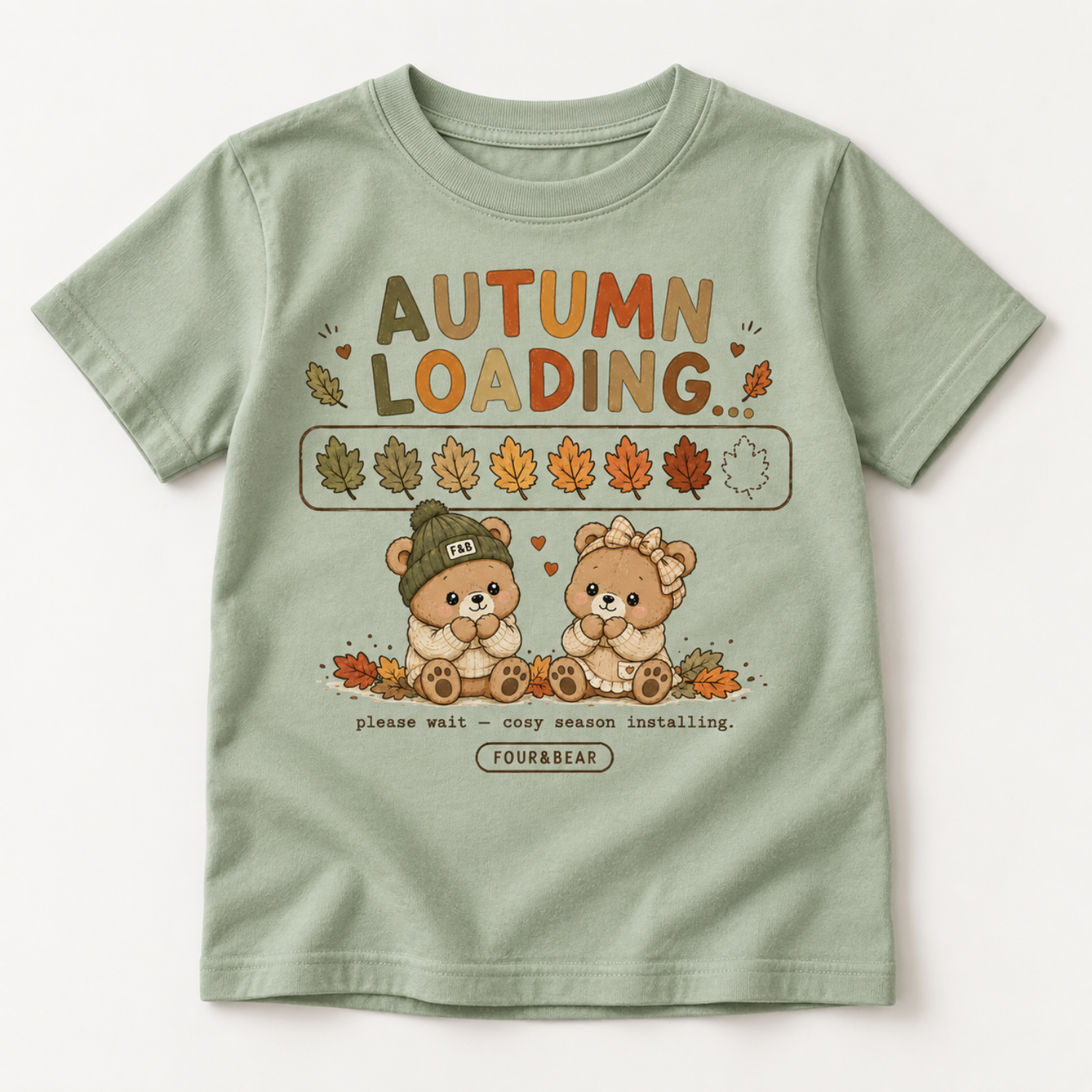 Sage kids T-shirt with Four & Bear Autumn Loading bear and autumn leaf print