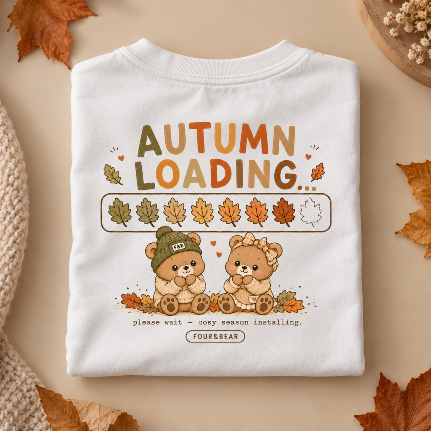 four and bear autumn loading white kids tshirt.png White kids Autumn Loading T-shirt by Four & Bear with cosy season bear design