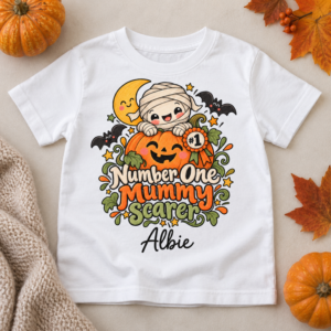 personalised 1st halloween tshirt mummy scarer flatlay Personalised 1st Halloween T-shirt with Number One Mummy Scarer pumpkin design and child's name