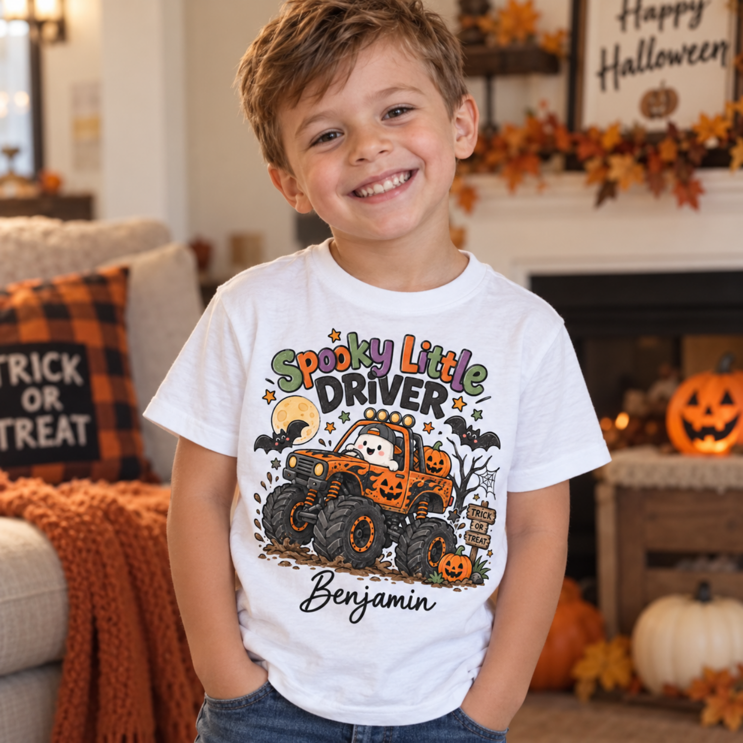 personalised boys halloween tshirt spooky driver White personalised Halloween T-shirt with ghost monster truck design on wooden hanger