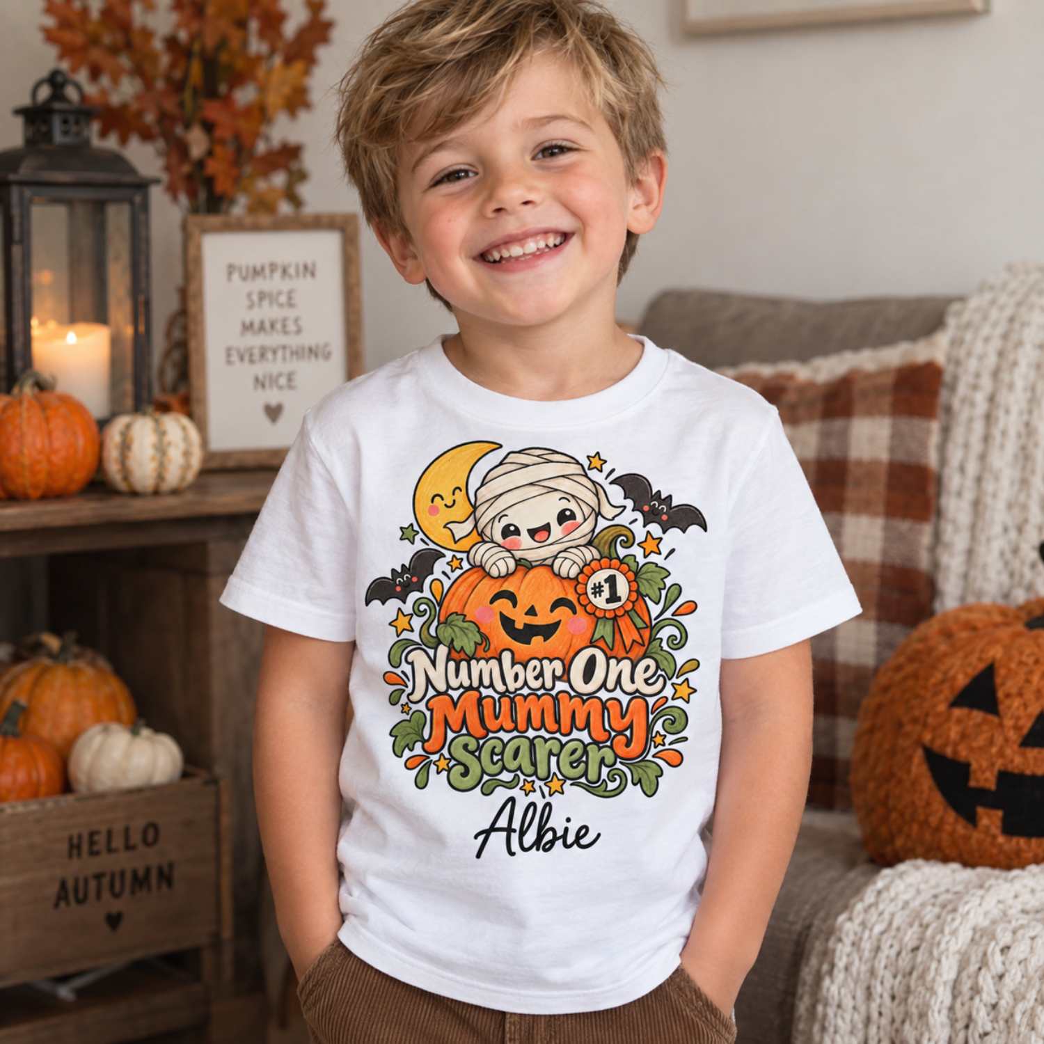 personalised first halloween tshirt kids mummy scarer Child wearing personalised Number One Mummy Scarer Halloween T-shirt with pumpkin design