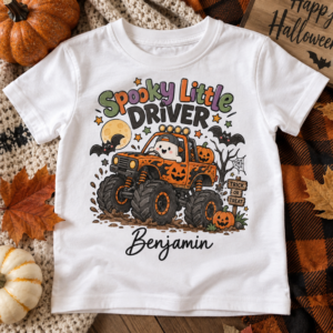 Child wearing personalised Spooky Little Driver Halloween T-shirt with monster truck design