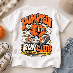 Child wearing white Pumpkin Run Club kids T-shirt with retro pumpkin back print