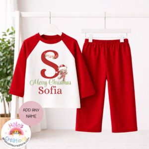 Personalised children's Christmas pyjama set with bright red sleeves and trousers, Christmas teddy bear initial and name Sofia.