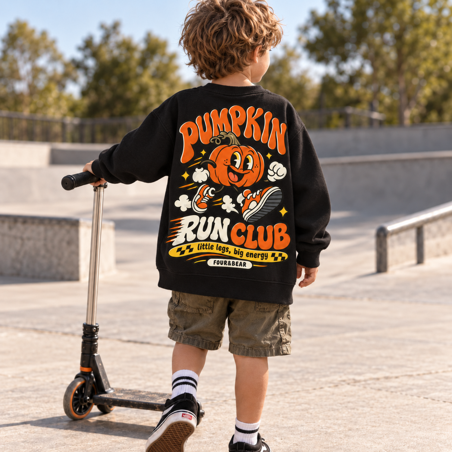 Child wearing black Pumpkin Run Club kids T-shirt with retro pumpkin back print