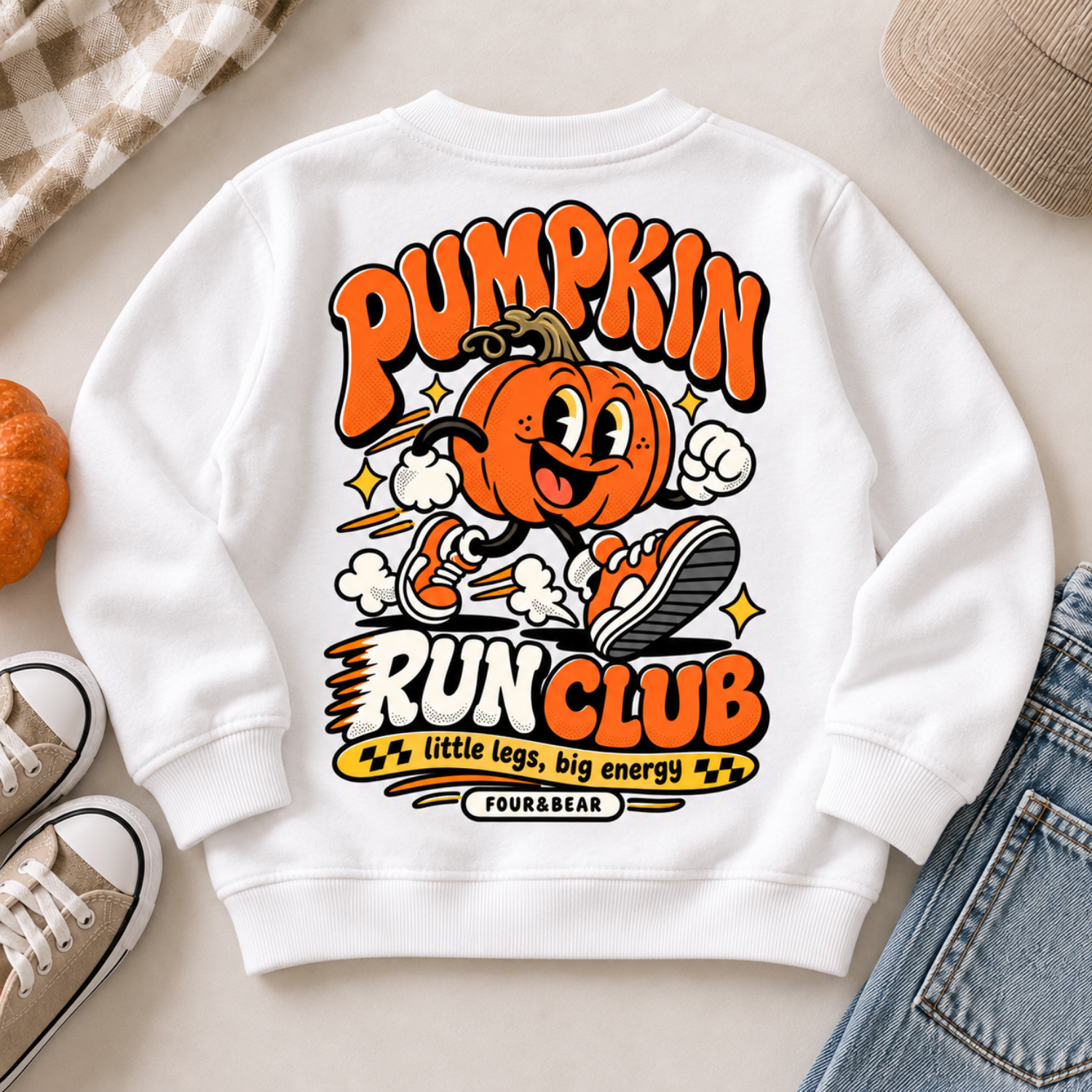Child wearing black Pumpkin Run Club kids sweatshirt with retro pumpkin back print